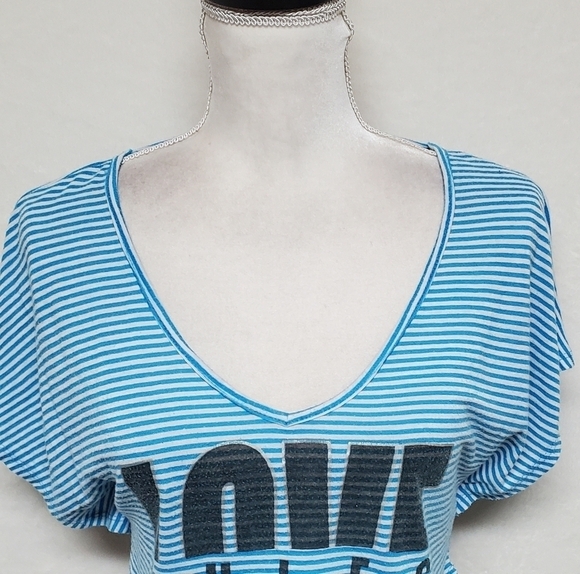 VINTAGE Retro Y2K Self Esteem Love Rules Blue Striped Strappy Back Cropped Tee - Picture 5 of 11